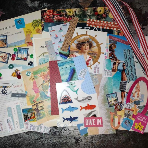 Junk Journal Junk Drawer kit Beach Ocean Nautical fish Ephemera - Picture 1 of 3